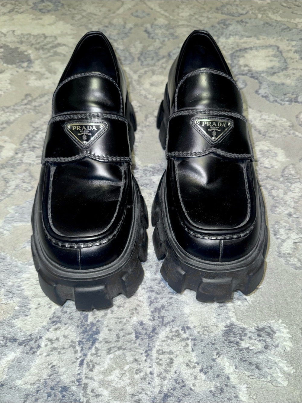 Prada Black Leather Lug Sole Penny Monolith Loafers